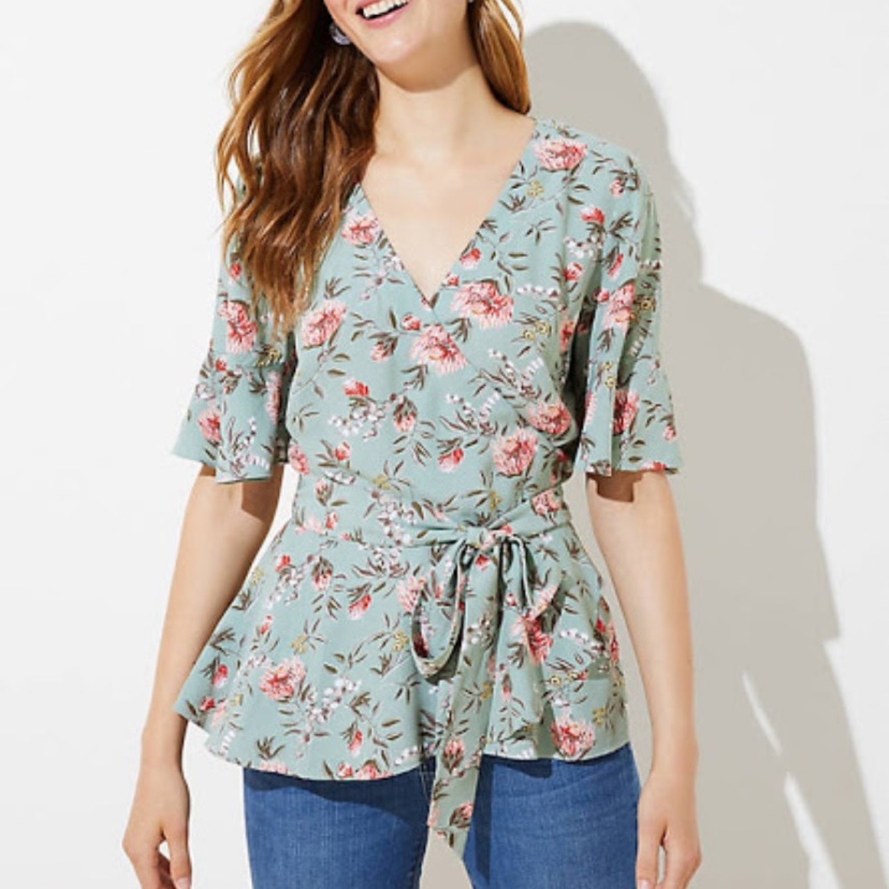 Loft Green Floral Wrap Shirt